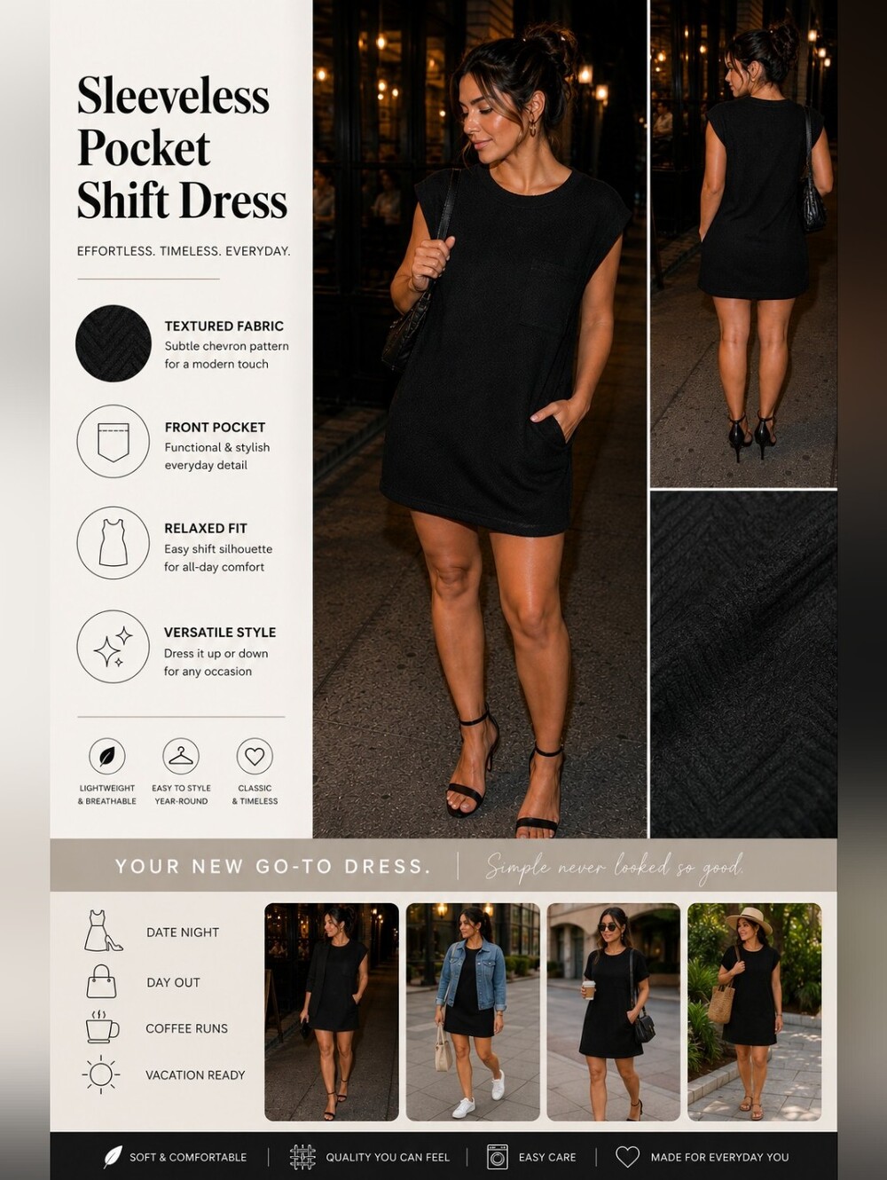 Sleeveless Black Pocket Shift Dress - Women's
